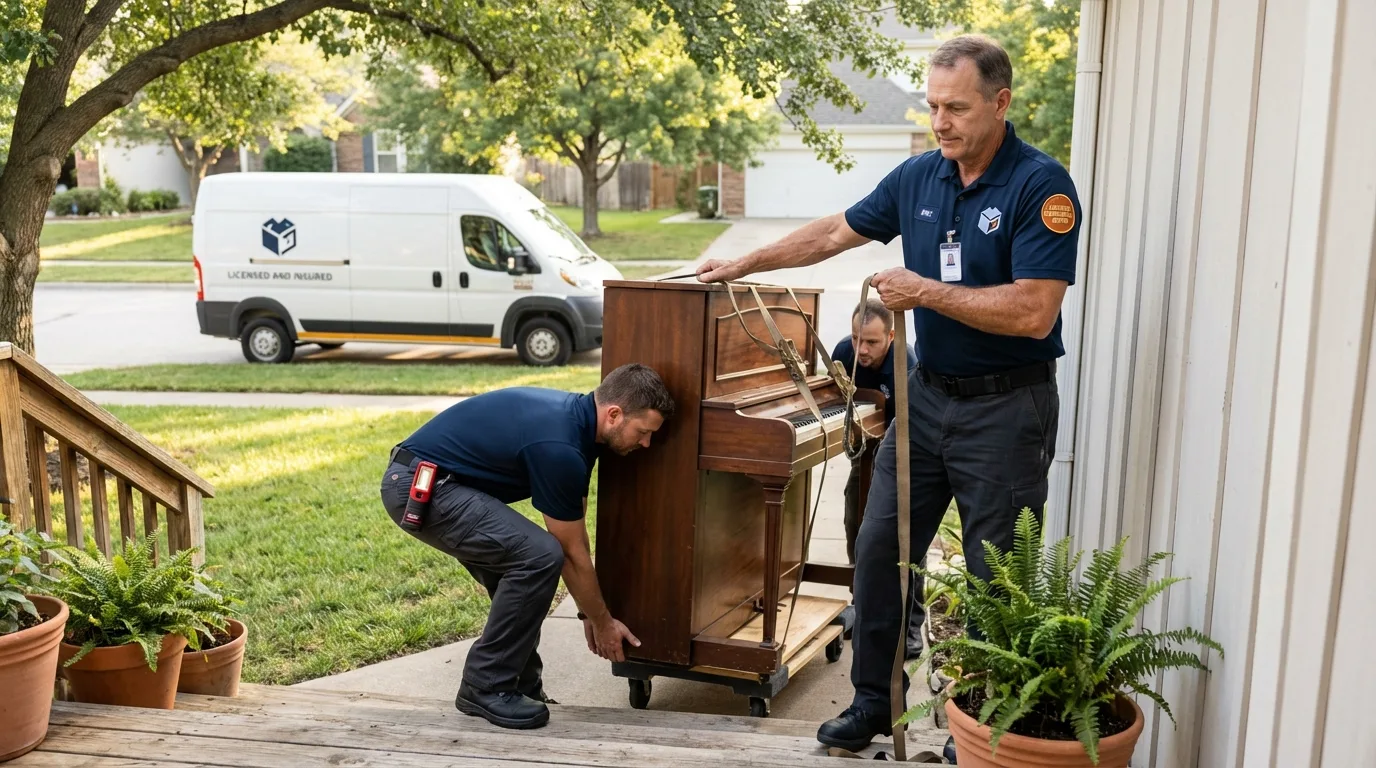 Licensed piano movers securing grand piano in Colstrip, MT