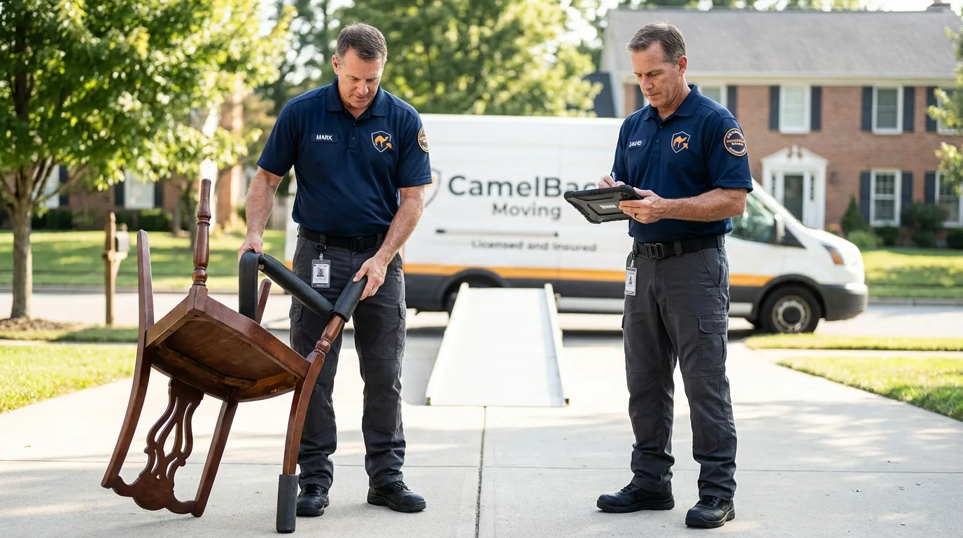 Movers inspecting furniture for damage prevention before loading in Colstrip, MT